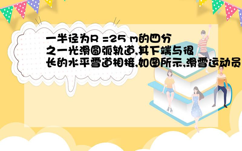 一半径为R =25 m的四分之一光滑圆弧轨道,其下端与很长的水平雪道相接,如图所示,滑雪运动员在光滑圆弧轨道的顶端以水平速度v0=5 m/s 飞出,在落到光滑圆弧轨道上时,运动员靠改变姿势进行缓