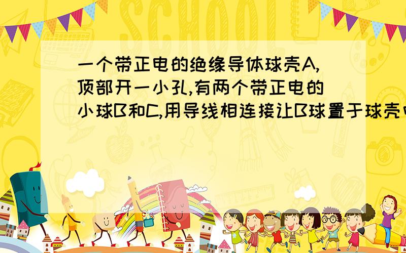 一个带正电的绝缘导体球壳A,顶部开一小孔,有两个带正电的小球B和C,用导线相连接让B球置于球壳中,并与内表面接触一下后又提起到如图所示位置,C离A球较远,则正确的说法是 A．B、C球都带电